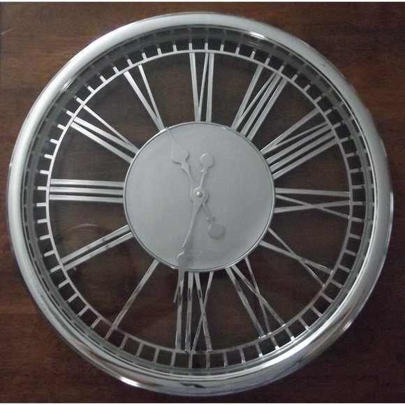 Wall Clock Large 20" Round Silver Cut Out Chrome Roman Numeral Skeleton Round - Picture 7 of 8